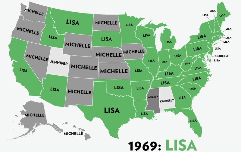 Illustration for article titled Map: Six Decades of the Most Popular Names for Girls, State-by-State